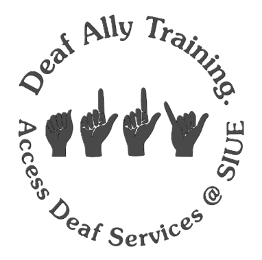 Deaf Ally Training Logo with hands in ASL spelling 'ALLY'