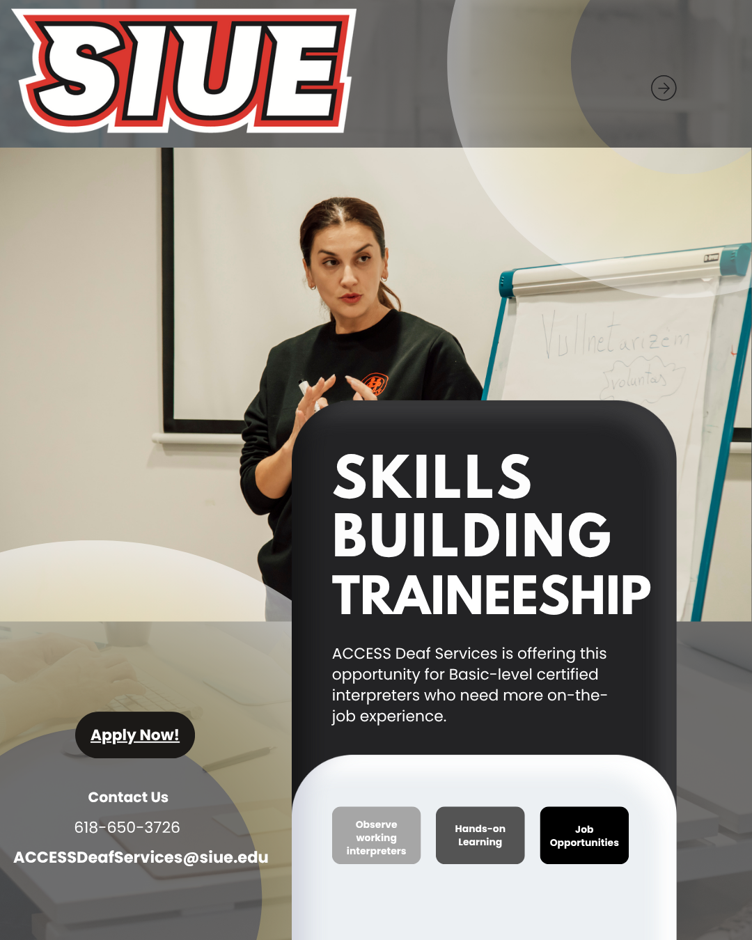 Skills Building Traineeship Flyer showing a woman at a presentation chart with the SIUE logo