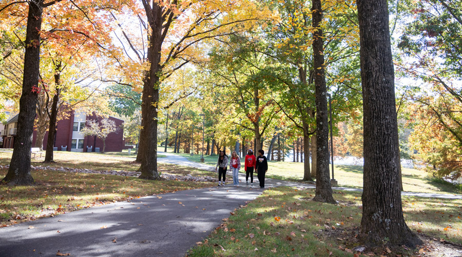 SIUE students walking on campus during a fall day.