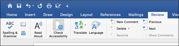 screen shot of check accessibility button on review tab in microsoft word