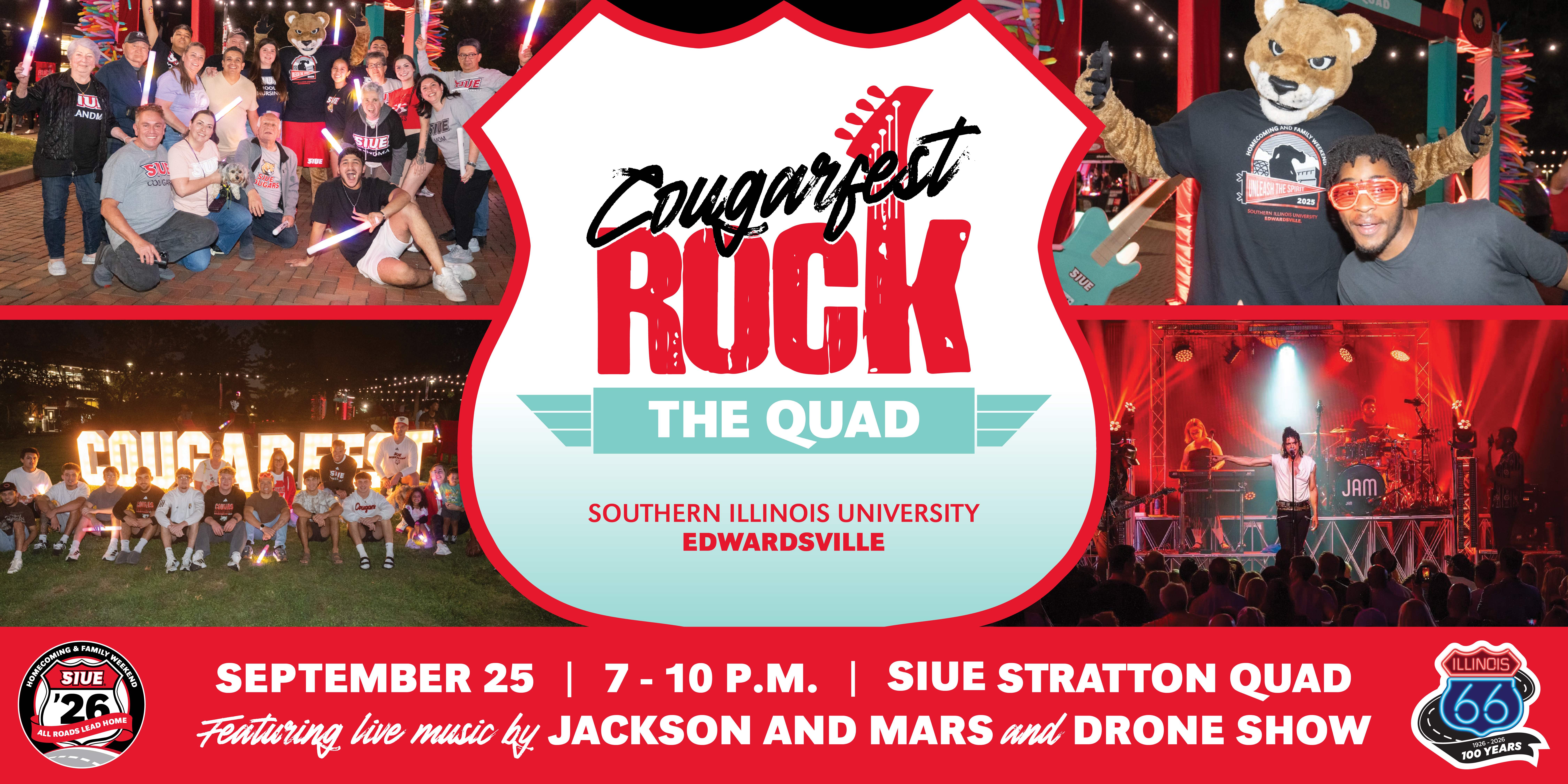 Promotional collage for Cougarfest: Rock the Quad at SIUE, Sept. 25, 7–10 p.m. on the Stratton Quad, featuring students, Eddie the Cougar, live music by Jackson and Mars, and a drone show.