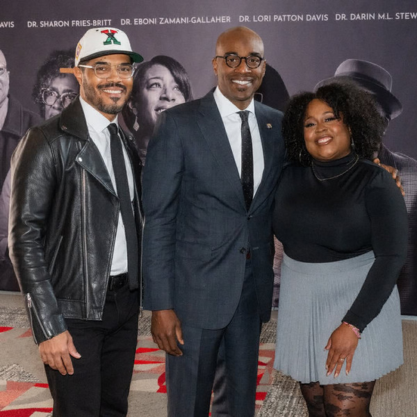 Three people including Chancellor Minor and Dr Candace Hall posing for camera