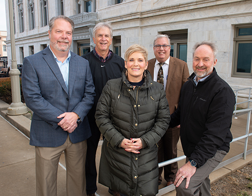 (L-R) SIUE’s Dr. Jeremy Jewell, Madison County Juvenile Detention Center Superintendent Jon Volkmar, Probation and Court Services Department Director Jackie Wiesehan, Probation and Court Services Chief Managing Officer Craig Cooper and Juvenile Detention Center Program Coordinator Scott Elliff.