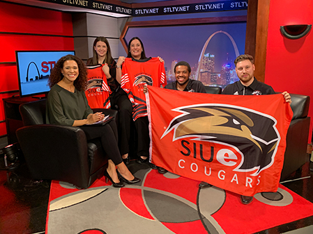 (L-R) STL TV Live Host Sarah Thompson, SIUE’s Mallory Sidarous, Natalie Hawkins, David Sissac and Phil Leyerer.