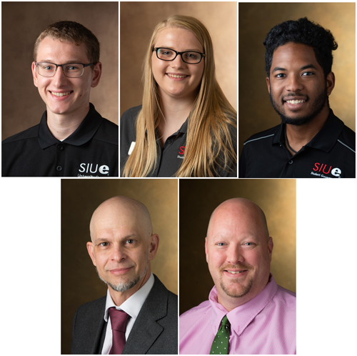 (Top L-R) SIUE Cougar Connectors’ Colin Boysen, Alexia Burnett, Marcus Kwasa (bottom L-R) and Honors Program Director Eric Ruckh, PhD, and Assistant Director Ian Toberman.