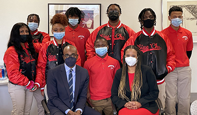 Minor and CHS Director Gina Jeffries, EdD, (both seated) with CHS students who attended the luncheon during the chancellor’s listening tour at the SIUE East St. Louis Center. In attendance were (Front L-R) Sydney Williams, Kyla Anderson, Ja