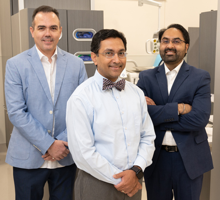 (L-R) SIU SDM orthodontics resident Feras Al Khatib, DMD; Achint Utreja, DDS, MS, PhD, director of the orthodontics graduate program; and Amritpal Kullar, DMD, orthodontics resident.