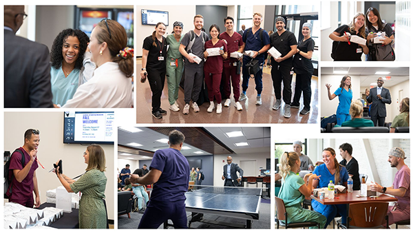 Collage of photos of students posing for photos talking to each other and playing table tennis with Chancellor Minor