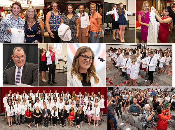 Collage of students in white coats and individual images of their dean and keynote speaker