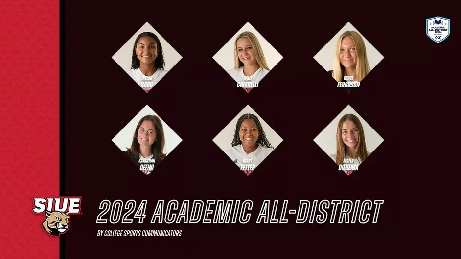 graphic of six womens portraits who are student athletes who received academic all district titles