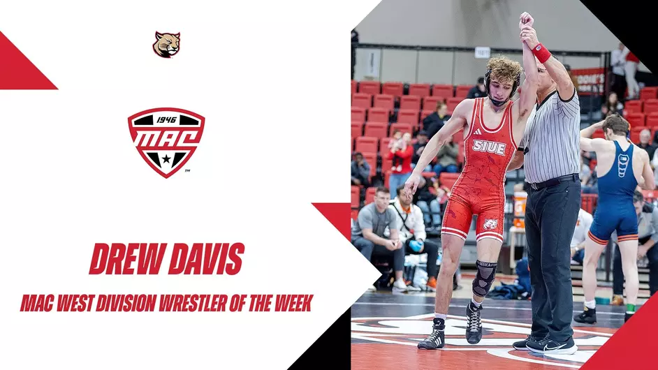 Graphic of Drew Davis being hailed as a victor from a ref in a wrestling meet in the First Community Arena. It has the MAC logo and text reading MAC West Division Wrestler of the Week