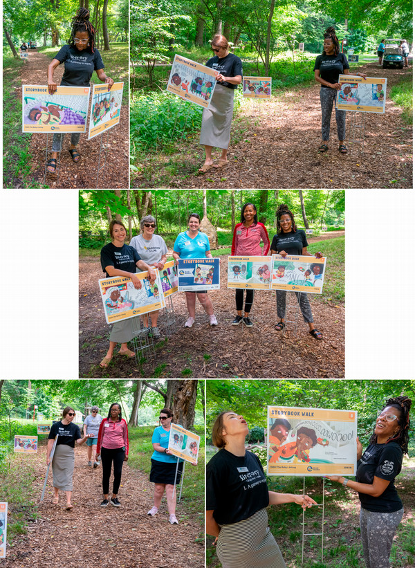 Scenes from pages of childrens picture book on display in the Gardens at SIUE
