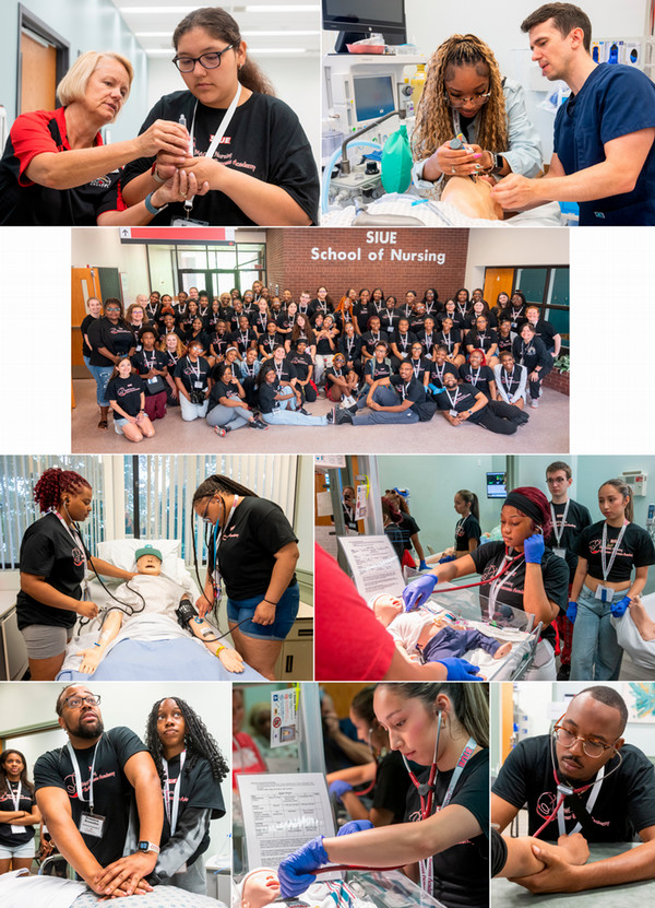 Collage of photos of students practicing nursing skills