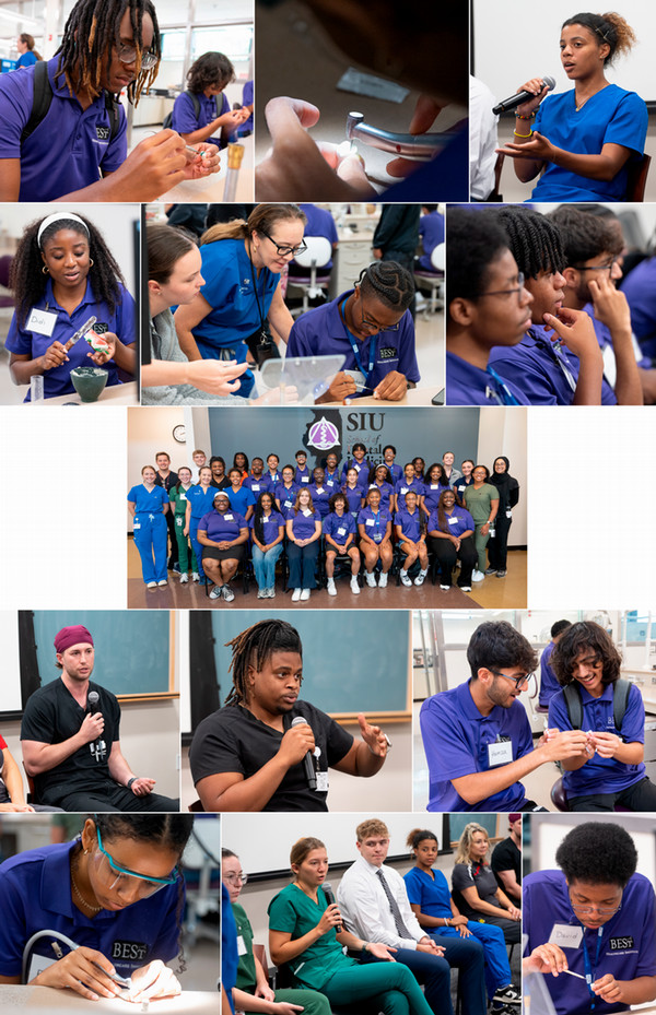 Collage of images of high school students in dentistry lab and listening to panelists