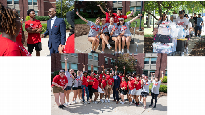 Grid of four photos containing students moving in and move in crew with Chancellor Minor