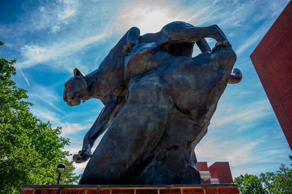 Low angle image of Cougar statue in SIUE Stratton Quad