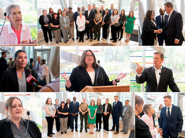 Grid of images from press conference with SIUE students ISP Director and Staff and Chancellor and Provost
