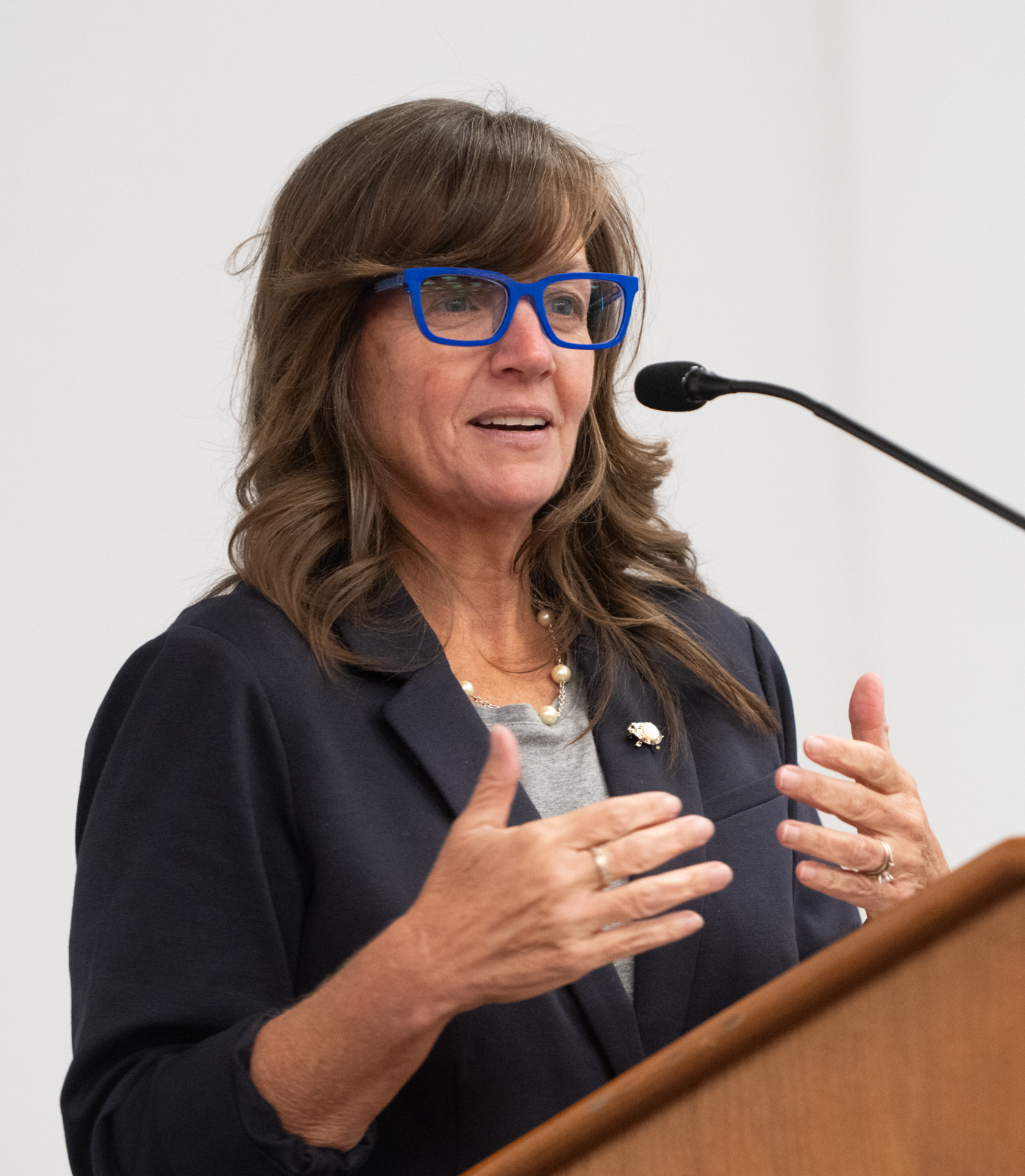 Photo of Katie Stuart speaking at a podium with a warm, hand-opening gesture