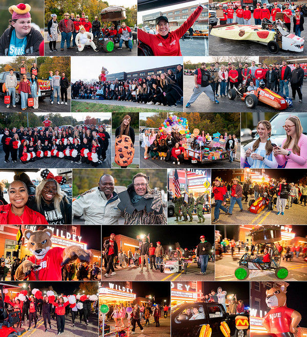 Collage of photos of students and Eddie at Edwardsville Halloween Parade