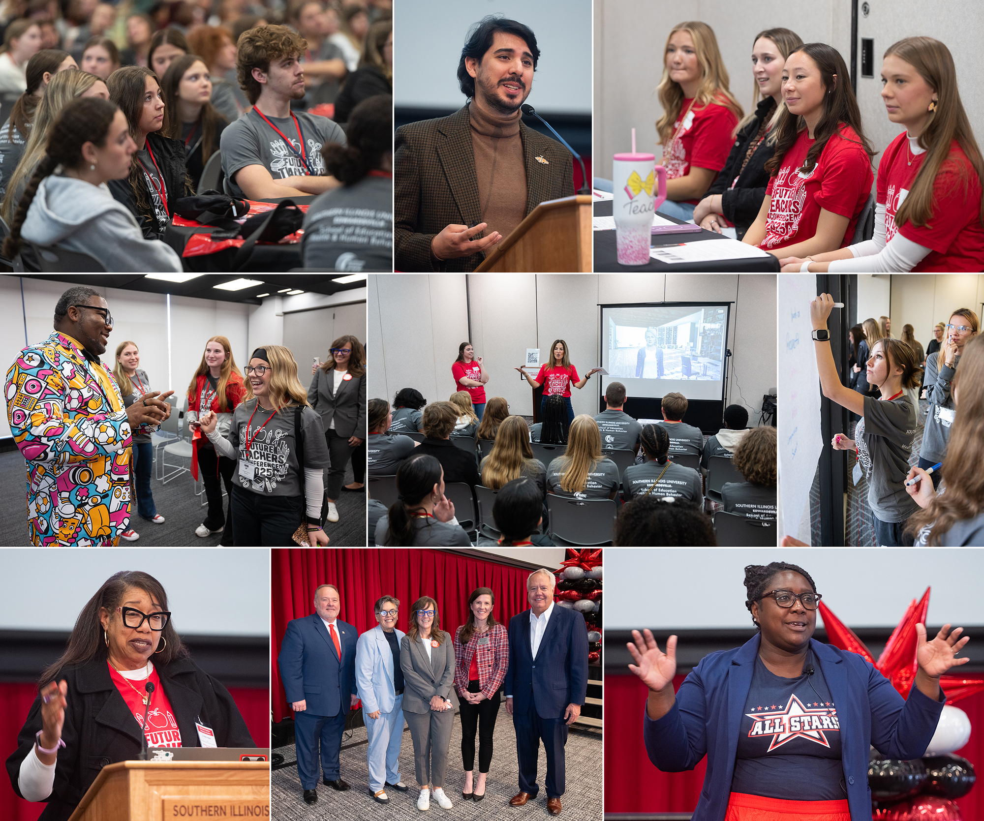 Collage of images from a student education conference, showing group sessions, student presentations, guest speakers, interactive activities, and attendees collaborating in classrooms and event spaces.