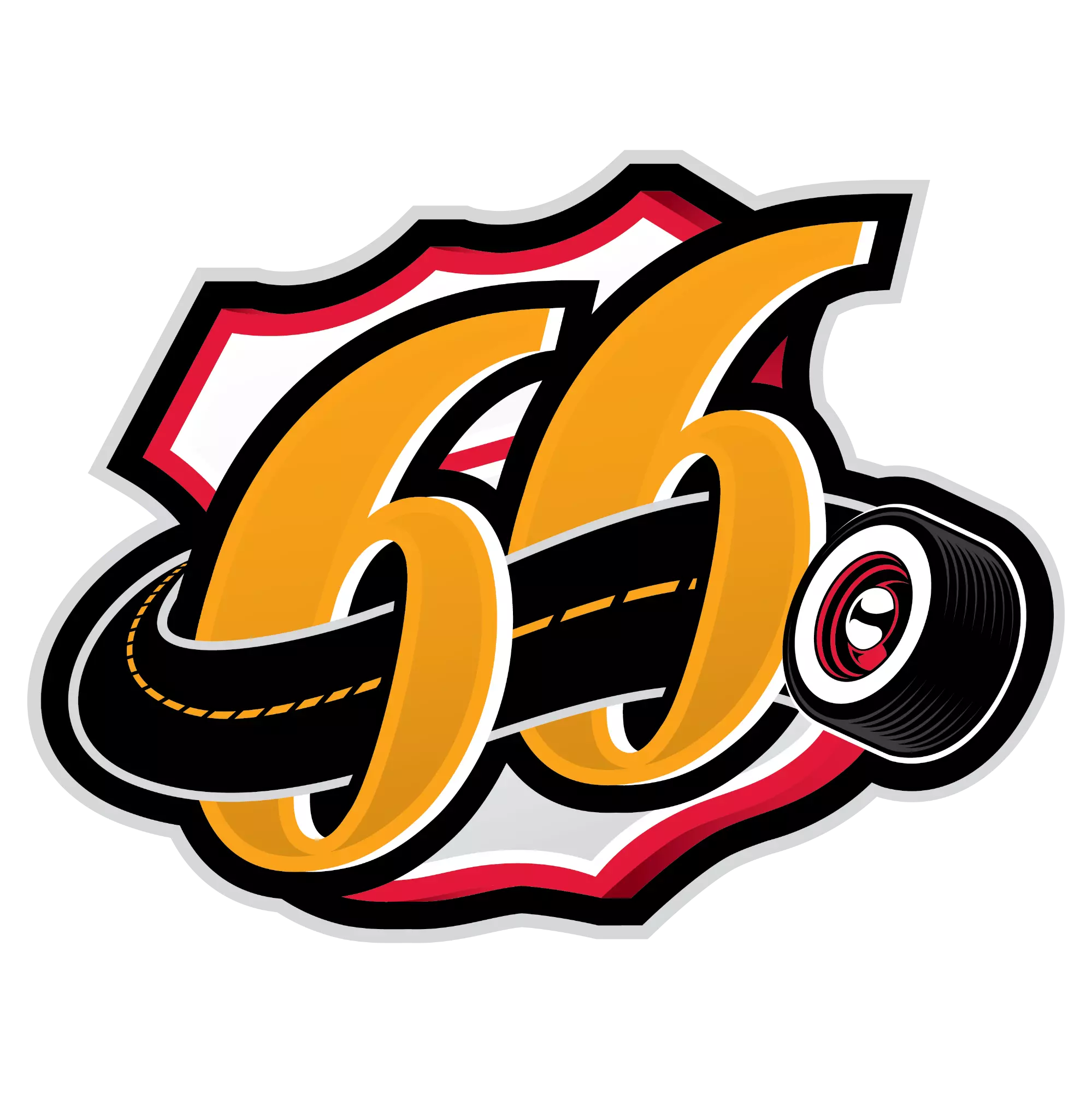Logo featuring the number 66 in bold gold lettering wrapped by a stylized black road that curls forward into a tire. The design sits on a red and white highway-shield shape, creating a Route 66–inspired emblem.