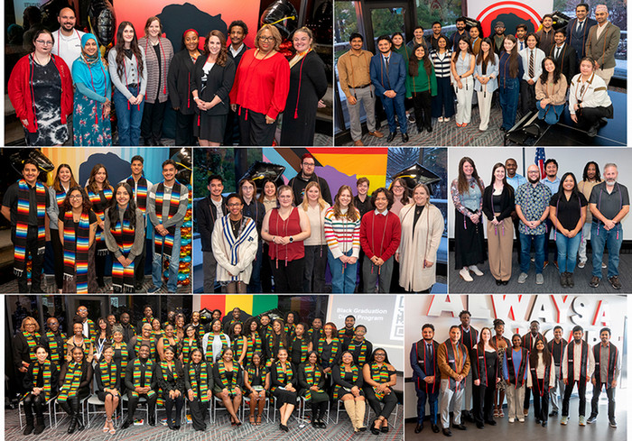 Collage of photos of groups of graduates facing camera