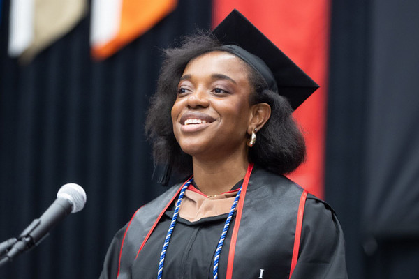 Student speaker Ure Okike at podium