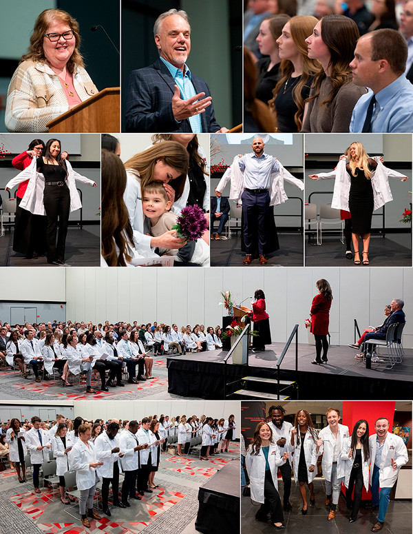 Collage of white coat ceremony with SIUE nurse practitioners audience members and speakers at podium