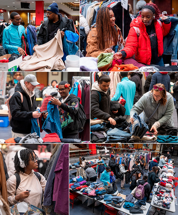 A grid of students selecting free clothes from tables 