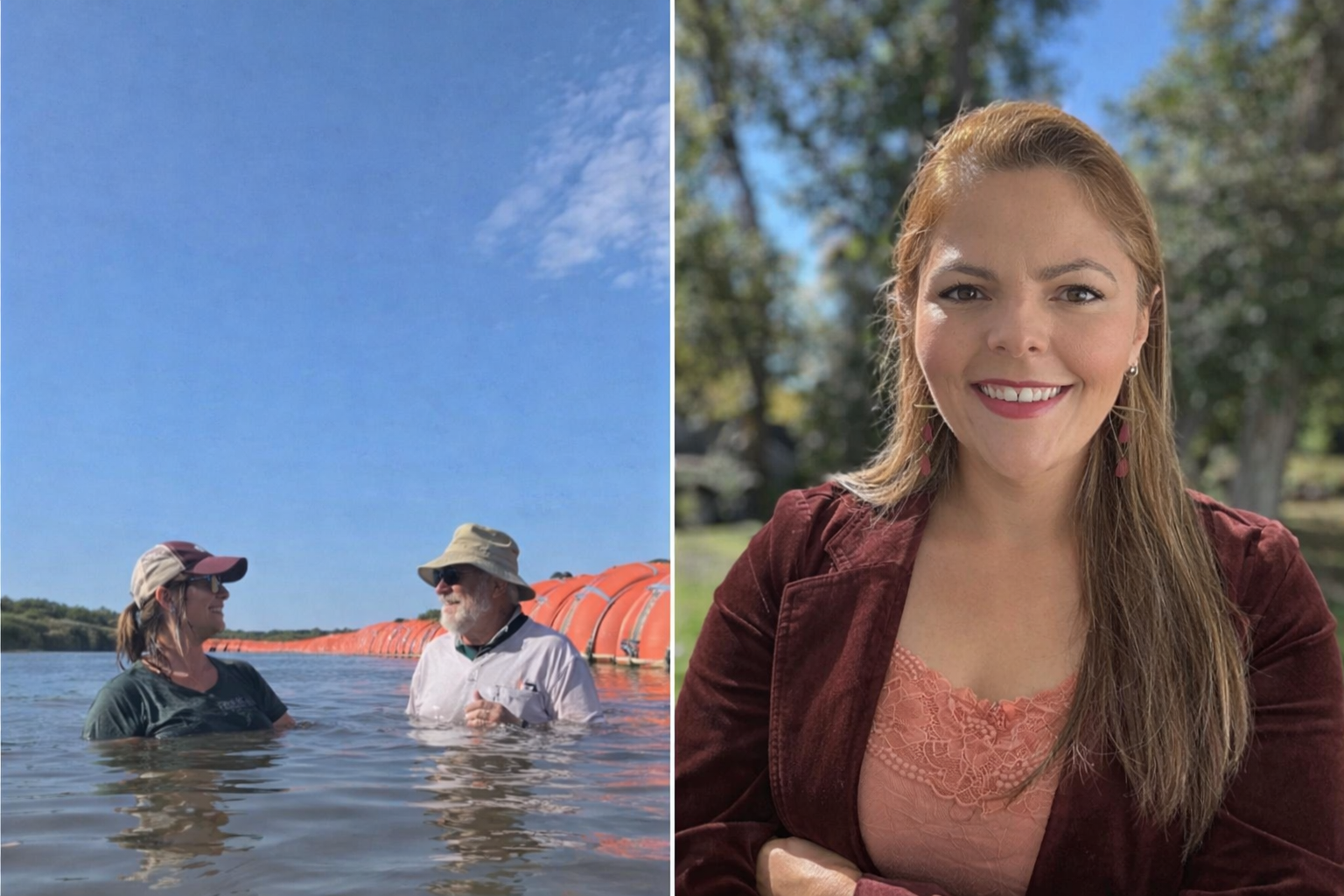 Side-by-side images show two people, one of them Martinez, standing in shallow water near a floating orange barrier on a river, and a separate outdoor portrait of a Martinez smiling with trees in the background.