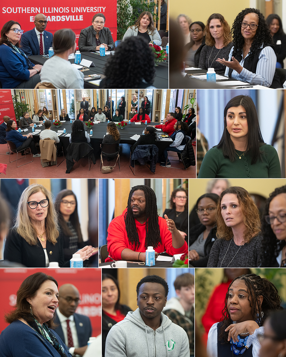 composite photos of people at table listening to Sen Tammy Duckworth