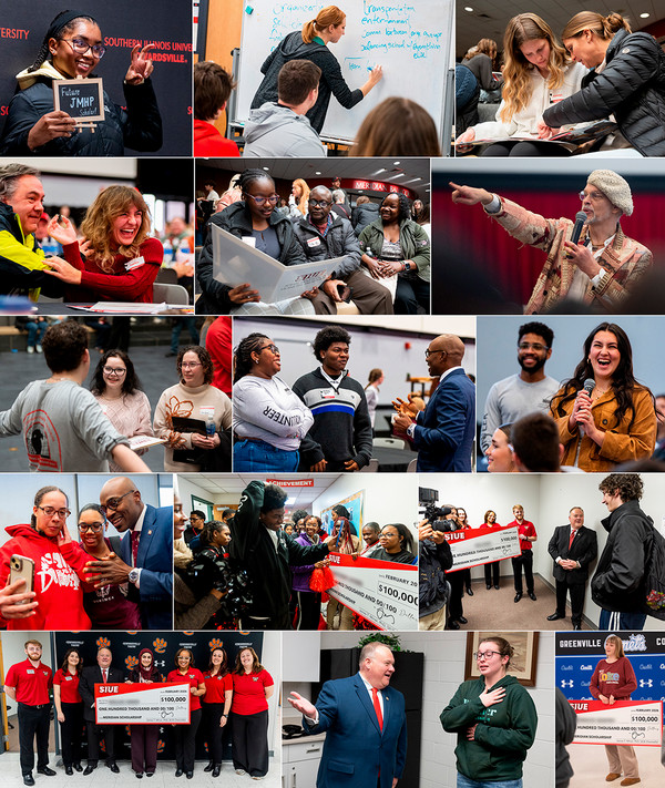 Collage of photos from SIUE Honors Scholarship Day and Meridian Scholarship visits featuring students, families and university leaders in classroom activities, conversations and scholarship award presentations with ceremonial checks.