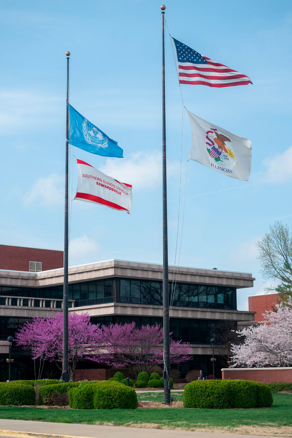 Four flags above the campus of SIUE