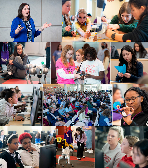 Collage of photos of girls working on engineering project and keynote speaker