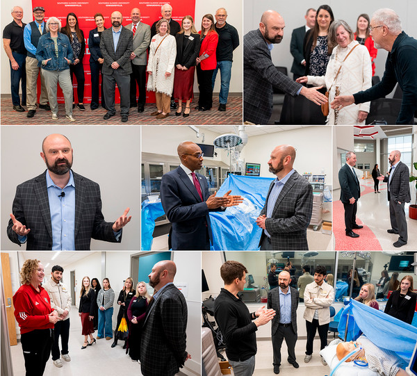 collage of photos containing SUAA members posing with Rep Schmidt and him touring simulation labs