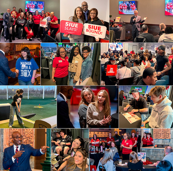 Collage of students and administrators gathering playing golf and smiling at the camera