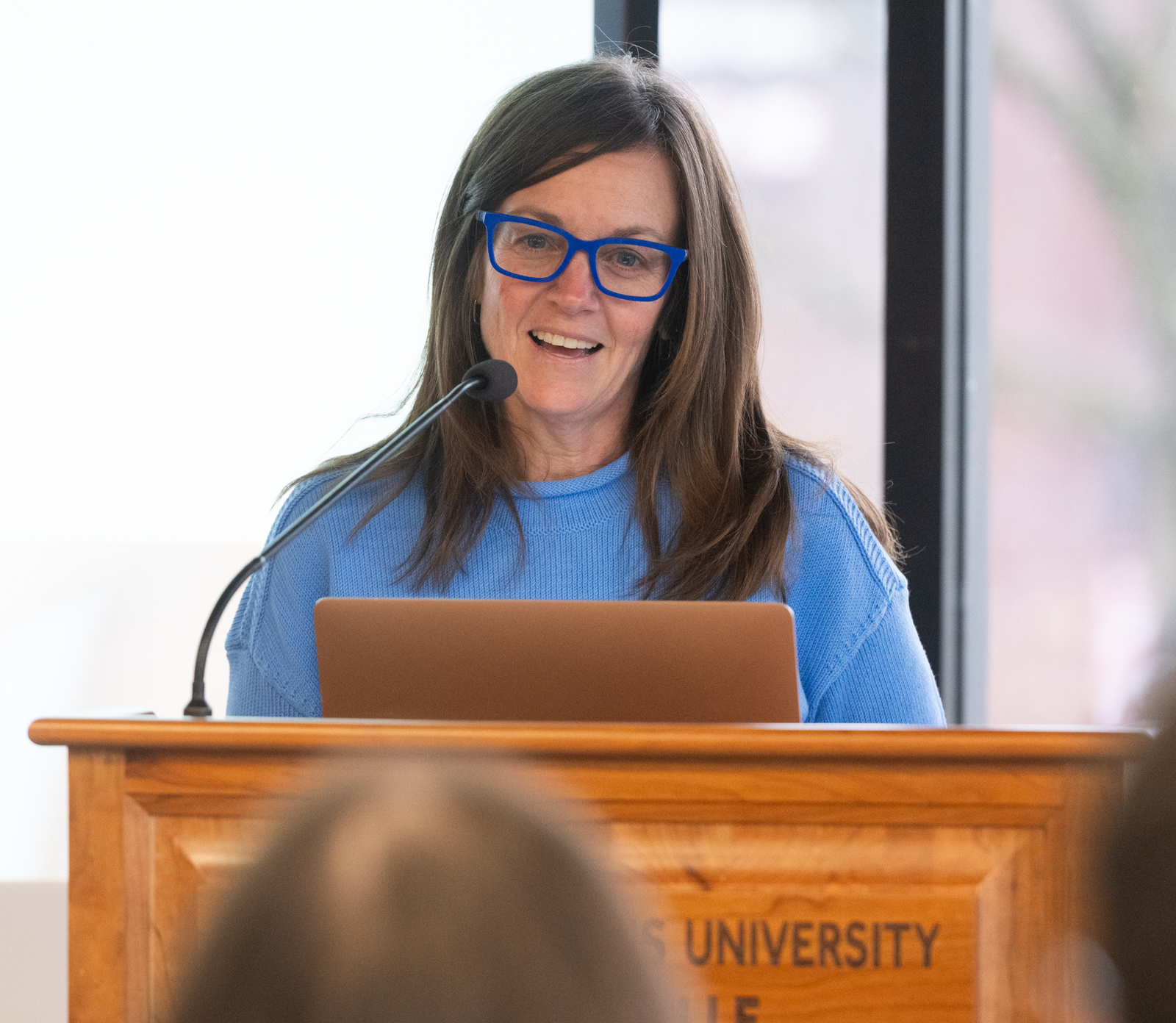 Illinois State Rep Katie Stuart, wearing a blue sweater, speaking at a wooden lecture labeled Southern Illinois University Edwardsville