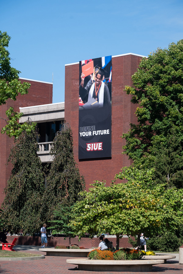 Lovejoy Library exterior with large banner