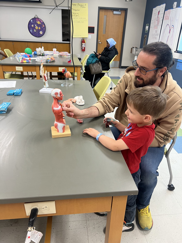 Father and son work on science project at table