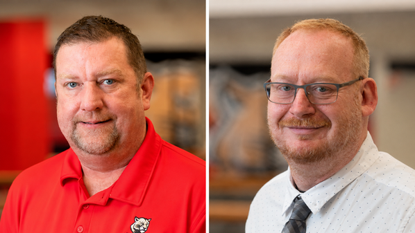 Two side by side portraits in a rectangular frame. The man on the left is Charles Fulford and he wears a red SIUE cougar logo polo, and Kyle Wallace is on the right wearing a white shirt and dark patterned tie.