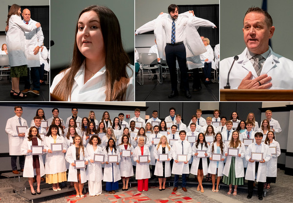 Grid of white coat dental school ceremony with faculty and students putting their white coats on while crossing the stage