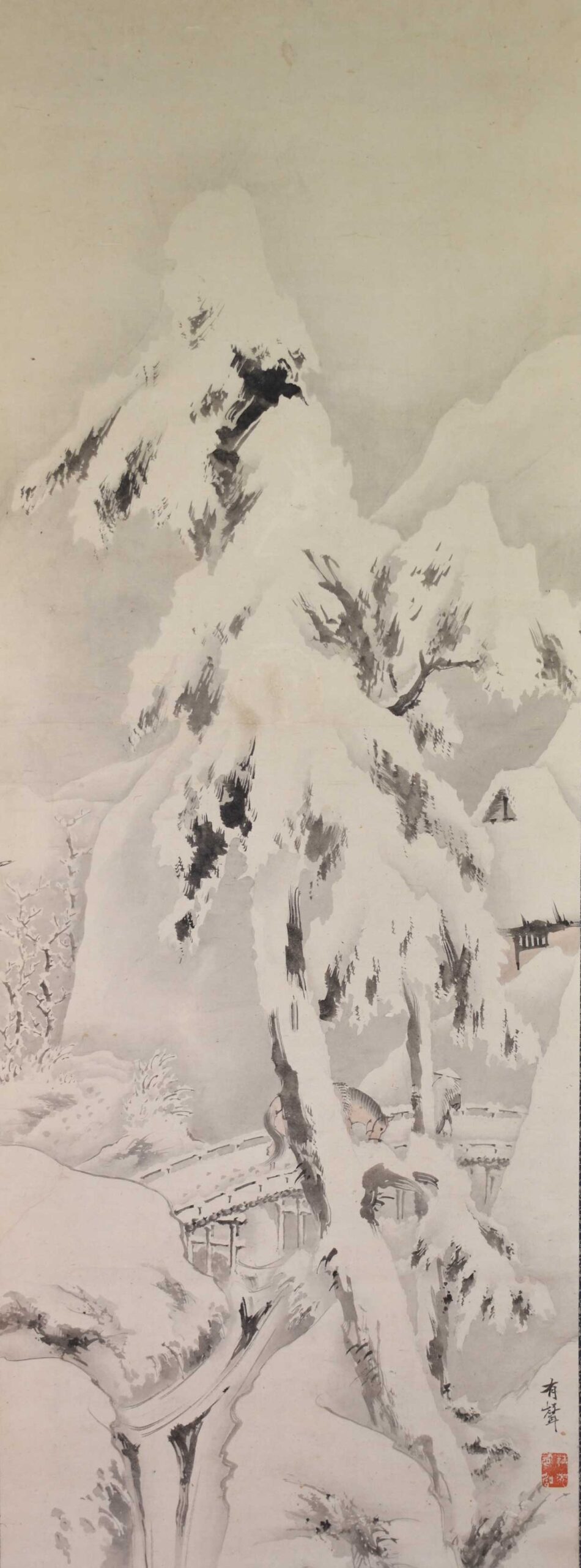 Hanging scroll  ‘Man and horse in a winter village’.  Width 53 cm, height 189 cm, painting width 39 cm, height 107 cm. Signed with seal Yusei. Early 20th century, Meiji – Taisho. Excellent portrayal of snow