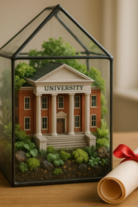 A terrarium with a University building inside it, on a table next to a rolled diploma
